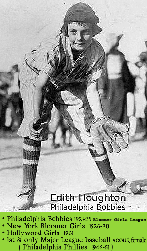 Edith Houghton, female professional baseball player, 1921-1931. As first baseman, with glove, on Philadelphia Bobbies, 1921-25.
