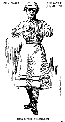 Miss Lizzie Arlington, basebaall pitcher. Picture from the Indianapolis Daily Pharos, July 20, 1898