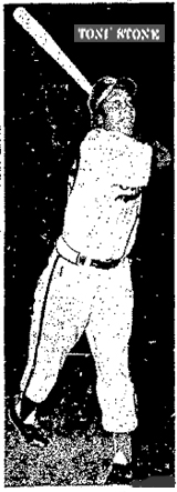 Picture of Toni Stone swinging a bat as a member of the Indianapolis Clowns from The Salina Journal, Salina, Kansas, August 6, 1953.