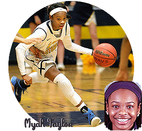 Myah Taylor, Olive Branch High girs basketball player dribbling ball up court.