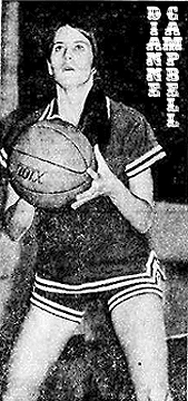 Image of Texas girls basketball player, Dianne Campbell, of Claude Mustangettes school. Shown shooting a foul shot, this woman would go on to score 100 points in one game. From The Amarillo Daily News, January 6, 1972.