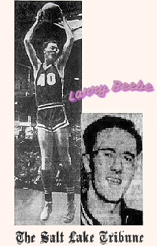 Two images of bespectacled basketball player Larry Beebe, Green River High School, Utah. One in his #40 uniform, up in the air coming down with a two handed rebound and one portrait shot. The portrait from The Salt Lake Tribune, Salt Lake City, January 20, 1963; the action shot from same newspaper, March 10, 1964.