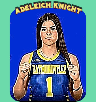 Image of Texan girl basketballer Adeleigh Knight, Raymondville High from torso up, arms bent showing fists in b;ue RAYMONDVILLE #1 uniform with ellow letters and number.