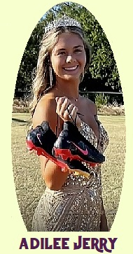 Photo of place-kicker for Cashion High School in Oklajoma in 2024 in her Homecoming Queen gow with crown, holding a pair of football cleats.