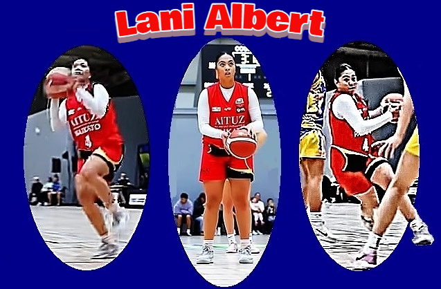 Three images of New Zealand Under-20 girls basketball player in 2025. Shown ib red and white ubiform #4 of the AITUZ Waikato team, going up for a shot on the left, shooting a free throw in the middle and driving to the basket on the right.