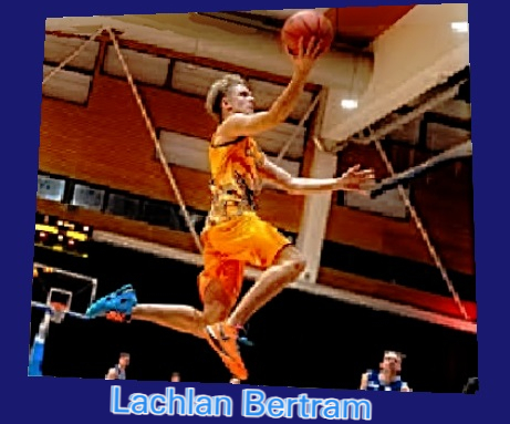 Lachlan Bertram, Carnaby University (Perth) basketball player high in the air in yellow uniform, laying the basketball into the basket.