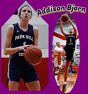 Two images of girls basketball player Addison Bjorn in her white on black PERK HILL SOUTH uniform #1. Shooting a foul shot and going up for a lay-up.