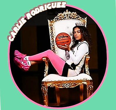 Photo of Texan girls basketball player Carlie Rodriguez, Rio Hondo High Lady Cat, shown with basketball held up cupped with both hands while reclining sideways on a golden throne with a crown upon her head, in uniform with pink leggings