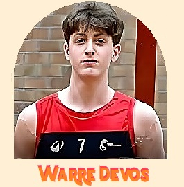 Portrait of Belgium U16 basketball player for the Zedegem Lions, Warre Devos, in red #7 uniform.