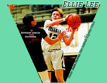 Image of bi-colored hair Ellie Lee, girls basketball player on the MacArthur High Brahmas team of San Antonio, Texas, shown trying to pass the ball in #12 white uniform, past Vethany Garcia of Southside in a 12/20/2024 game. Photo by Sam Owens, San Antonio Express-News, December 20, 2024.