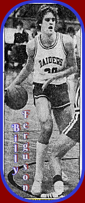 Image of Billy Ferguson, basketball player for North Cross High School in Virginia in his RAIDERS jersey with basketball, looking to make a play. From the Roanoke Times & World-News, Roanoke, Va., January 29, 1980.