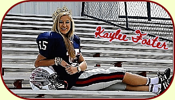 Image of Kaylee Foster, Ocean Spring High School female football player, in Mississippi, in uniform with homecoming queen crown on her head, sitting lengthwise in stands, posing..