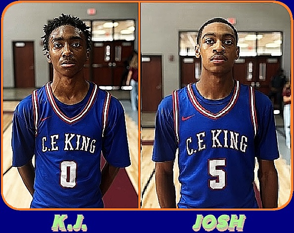 Images of basketball playing brothers for C.E. King High School in Houston, Texas. Younger brother K.J. Goodwin is on the left in #0 blue uniform, his brother Josh on the right in #5 jersey.
