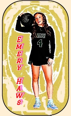 Image of Tennesseean Emery Haws, Knoxville Catholic's girls freshman star, posing with ball held on her right shoulder. In dark IRISH #4 uniform.