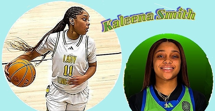 Images of Ka;eena Smith, girls basketball player for Ontario Christian School in Southern Calfornia. One shows her making a play in her white uniform with yelow letteringm LADY KNIGHTS #11 and portrait in green uniform with blue trim.