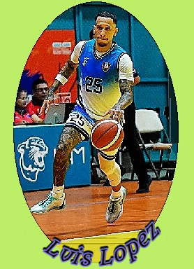 Image of Luis Lopez in two tone blue and green and white #25 ////////jaguares uniform in the Liga Superior de Baloncesto, Nicaragua, dribbling the ball upcourt.