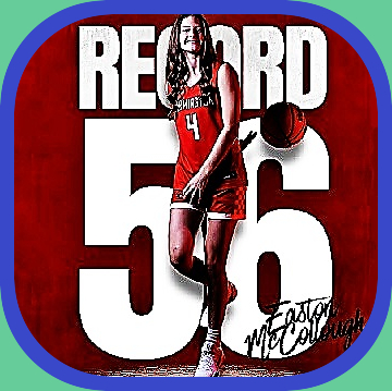 Easton /mcCullough, girls basketball player, Farmington High School, Arkansas in her red #4 unifors, right leg crooked passing a ball behind her back right handed, in front of big RECORD 56 sigm, her signature in right corner.