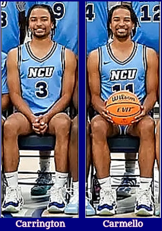 Composite images of the McNeakl identical twin basketball players for North Central College in Minneapolis, Minnesota. From a team photo, Carrington, #3 on the left, sitting as is brother Carmello, #11, holding a basketball.