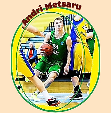 Andri Metsaru, Estonian basketball player shown going in for a shot in his #24 green uniform for the Someru team in the Kossuliiga.