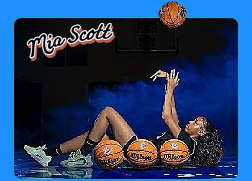 Image of Illinoisan girls basketball player Mia Scott, sophomore, Morgan Park Mustangs high school in Chicago. Lying on ground, left knee up, three basketballs at her side, tossing a ball up into the air.