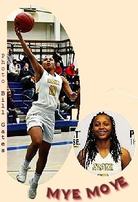 Imagesof woman basketball player Mye Moye, shown in her white #10 Community College of Baltimore County-Essex uniform, with gold lettering, going up for a lay-up, photo by Bill Gates, and her portrait.