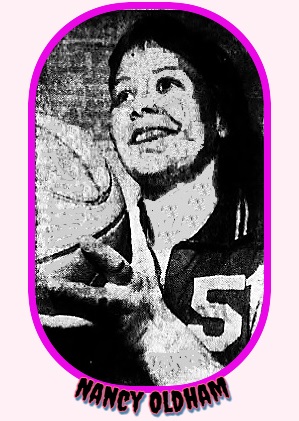 Close up image of #51, Nancy Oldham, Sanford Central High School, about to shoot basketball to our left, 3/4 view. From The Sanford Herald, Sanford, North Carolina, March 23, 1959.