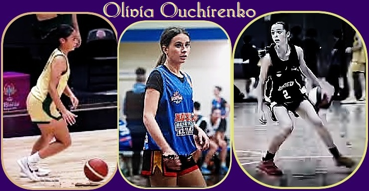 Three images of Olivia Ouchirenko, U16 girls basketball player in 2024 in Victoria Australia. Shown  in a light yellow uniform coming upcourt with basketball, close up in blue uniform and looking to make a play in a blac and white image.