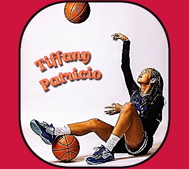 Image of Tiffany Patricio, junior basketball player on the St. John Paul II Catholc Secondary School outside Torono, Ontario. Shown sitting on ground, right leg over a basketball, looking up at ball she has just tossed upward.