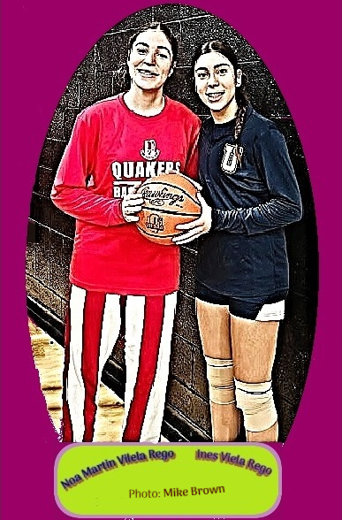 Photo of sisters on two Ohio High Sxchool teams about to play each other. Twins from Spain. On the left is Noa Martin Vilela Rego, in the striped pants, of the Salem Quakers girls basketball team, on our right is Ines Vilela Rego, in the shorts, on the United Golden Eagles. Salem, the home team, won 45-21. .