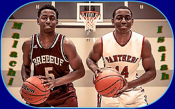 Image of basketball playing twin brothers playing each other in an Indiana Regional Tournament game. On the right is Isaiah Rice in his #14  Panthers uniform for Park Tudor; on the left is Malachi Rice, in dark #5 Brebeuf jersey. Both hold basketballs, the basket in center distance. Photo by Michelle Pemberton, IndyStar.