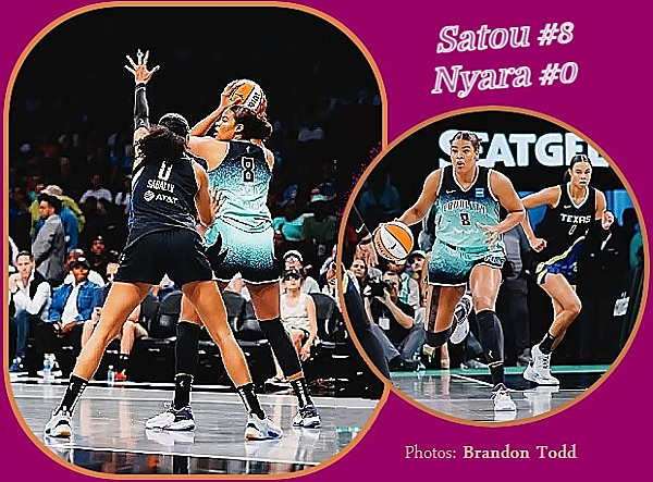 Photo of sisters Ntara and Satou Sabally, both players in WNBA, Satou, #8, for New York Liberty and Nyara, #0, on the Dallas Wings. Shown in June 27, 2023 game, Satou with the ball in both images, one from behind and one coming towards camera. Photographer: Brandon Todd.