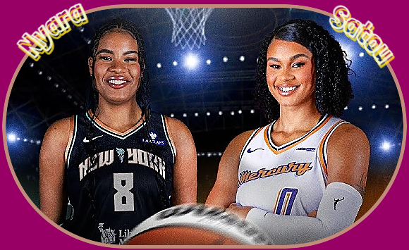 Photo of sisters Ntara and Satou Sabally, both players in WNBA, Satou, #8, for New York Liberty and Nyara, #0, for the Phoenix Mercury. Shown with basketball in front and between them, Nyara in black NEW YORK jersey, and Satou in hite scropted (in yellow) Mercury top.