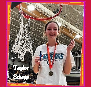 Taylor Schepp cutting down the net after she scored 54 points for her Dakota Lancers Junior Varsity basketball team to win the Manitoba Provincial MHSAA 4A JV championship game.