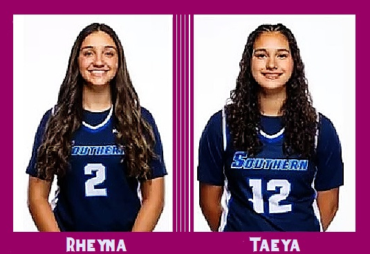 Pictured are basketball playing sisters on the Southern Connecticut State Owls, #2 Rheyna and #12 Taeya Steinauer.