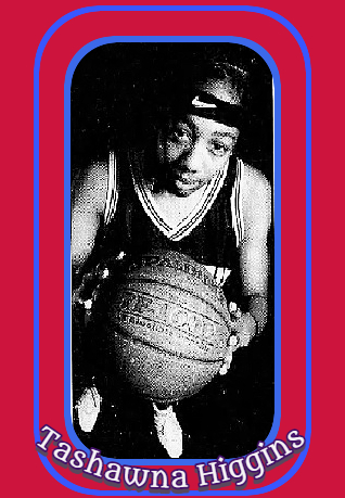 Image of Tashawna Higgins, girls basketball player for the Nelson A, /boylen High School SkyHawks, shown holding basketball with both hands and looking up at camera. Image from the Toronto Star, December 1, 2004.