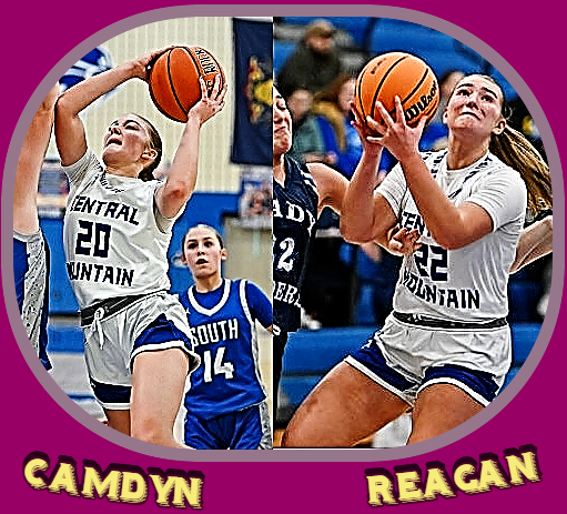 Pictures of the Weaver sisters, Camdyn, #22, on left, and Reagan, #22. Both shown trying to make a shot. Both playe for Central Mountain High School in Pennsylvania, Camdyn a 5 foot 6 inch junior, and Reagan a 5 foot 10 inch freshman.