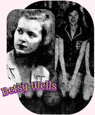 Images of girls basketball player Betsy Wells, Elm City High, North Carolina. Portrait from The News and Observer, Raleigh, N:.C., March 14, 1943. Cropped image from team photo, posing in back of basketball, on knees, from same newspaper, March 14, 1943. NOTE: MAY NOT BE SAME WOMAN!