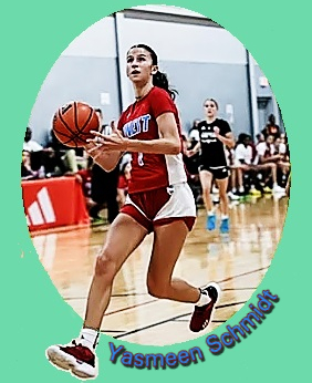 Yasmeen Schmidt, Texan girls basketball player in red jersey with blue lettering  and black and white shorts, drives to the basket for Cornerstone Christian High School.