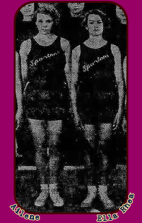 Sisters Ailene (l.) and Ella Rhea Bockwoldt (r.), cropped from team photo, standing in diagonally scripted Spartans uniforms. Berthold High School girls basketball team in Colorado. From The Wichita Evening Eagle, Wichita, Kansas, March 21, 1935.
