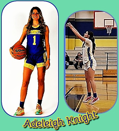 Images of Adeleigh Knight, Texan girls basketball player, standing in blue RATMONDVILLE high school uniform with yellow trm and lettering, #1, holding basketball by right hip. And photo in white uniform, from side, shooting a jump shot to our left.