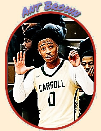 Anthony (Ant) Brown, Archbishop Carroll basketball player, District of Columbia, number 0, in a white CARROLL uniform, holding hands up.