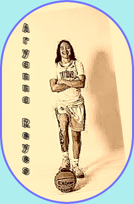 Californian girls basketball player on the Pioneer High Titans in Whittier, shown arms folded with right foot on a basketball.