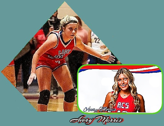 Images of Kentucky girls basketball player Avery Morris, Allen County-Scottsville High School, in red uniforms. In LADY PATRIOTS jersey on defense, and portrait posing in her ACS uniform.