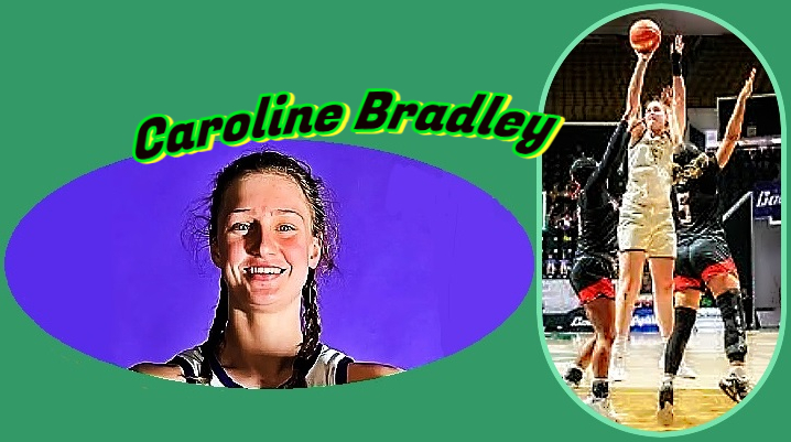 Portrait of Caroline Bradley, Oak Grove High School, Louisiana basketball player, as well as a game action shot of her shooting over two defenders.