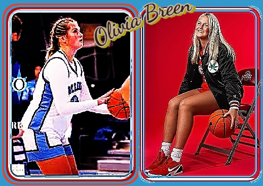 Two pictures of Olivia Breen, Oceanside High School (Maine). In white uniform with wide vertical blue stripe on the side, shooting a foul shot and sitting on an Ohio State chair in a red unifor and jacket.