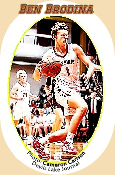 Image of hard driving Ben Brodina, Devils Lake High School in North Daota, in his white FIREBIRDS uniform, number one driving in for a lay-up. From the Devils Lake Journal, January 23, 2026, of the 1/19/2026. Photographer Cameron Carlson.