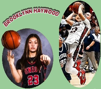 Two images of Brooklynn Haywood, girl basketball star at the Union High School Titans, #23. Show pointing at camera with left hand while spinning ball on her right hand's fingers. Also shown up in the air on a defender, shooting the ball.