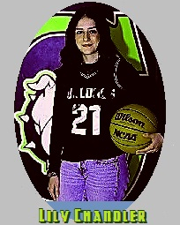 Oklahoma girl basketball player for the Cement High School, posing with basketball by left side, BULLDOG #21 uniform.