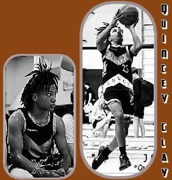 Images of Quincey Clay, Capital High School, Boise, Idaho. Shown shooting for the basket, up in the air, and sitting looking to his left.