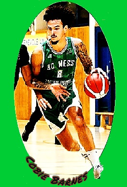BC MessLuxembourgNationale 2 league basketball player, Cobie Barnes shown with ball about to make a play in his green uniform #8.